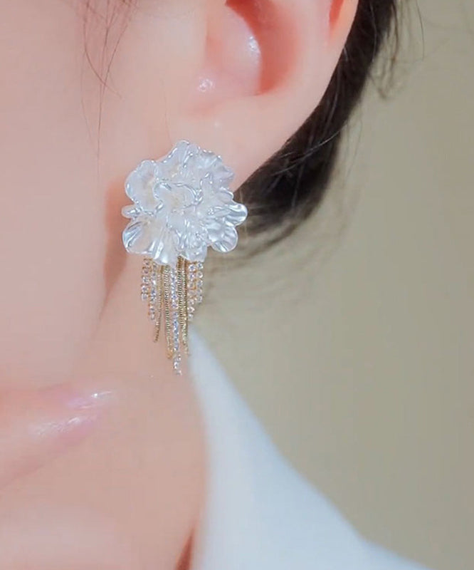 Stylish White Alloy Zircon Tassel Stud Earrings