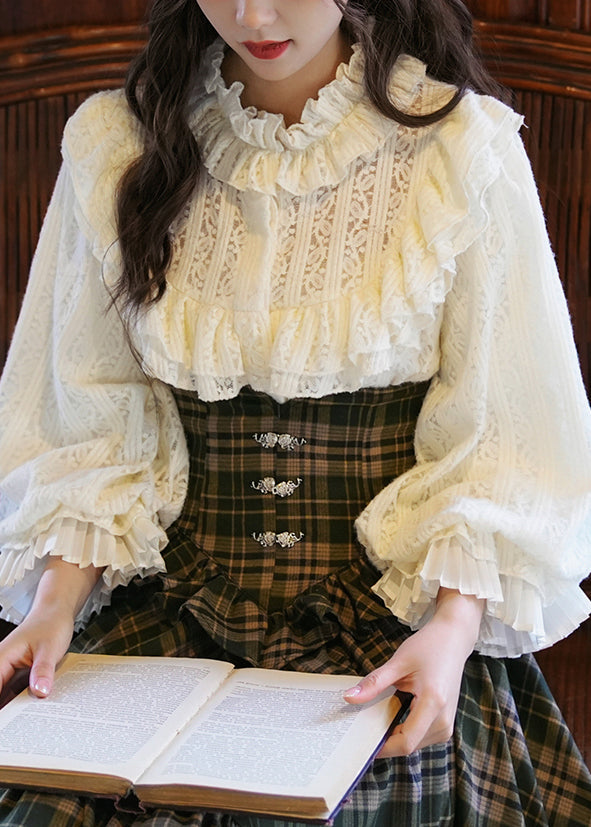 Apricot Ruffled Lace Shirt Lantern Sleeve Fall