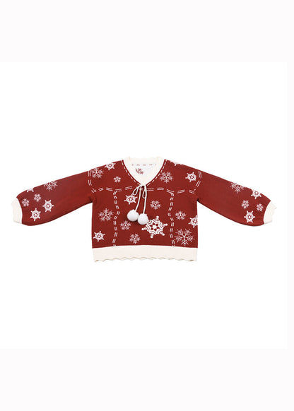 Red V Neck Thick Embroideried Knit Knitted Tops Fall