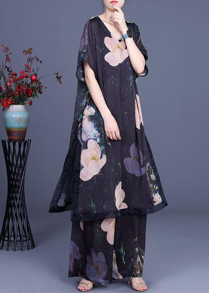 Diy Black Print Silk Side Open Wide Leg Two Pieces Set