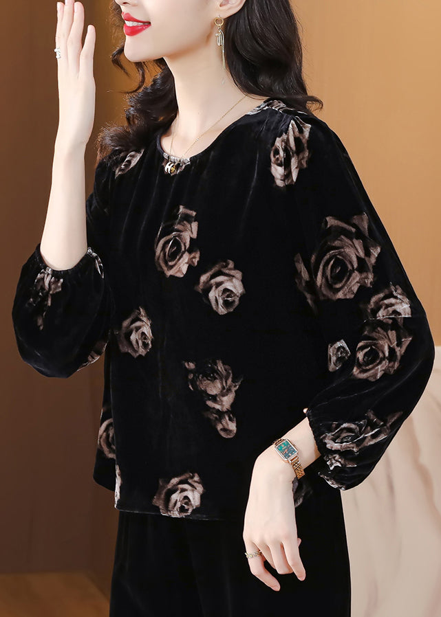 Black O Neck Print Velour Tops Lantern Sleeve
