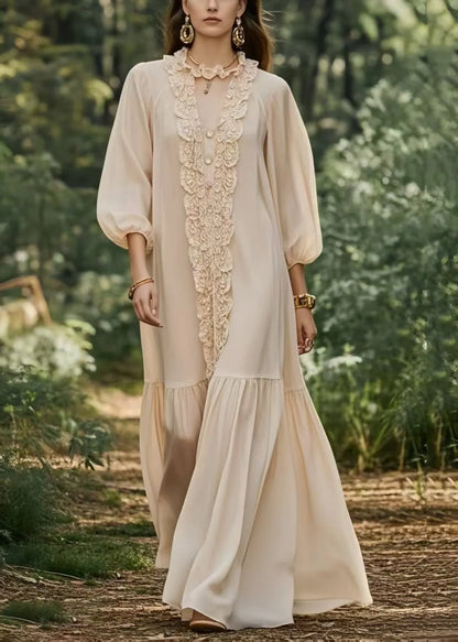 French Beige Ruffled Chiffon Ankle Dress Lantern Sleeve
