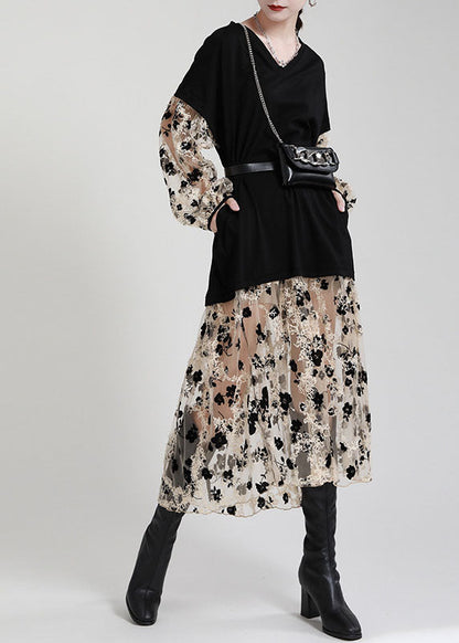 Art Black V Neck Patchwork Pockets Print Fall Vacation Dresses Long Sleeve