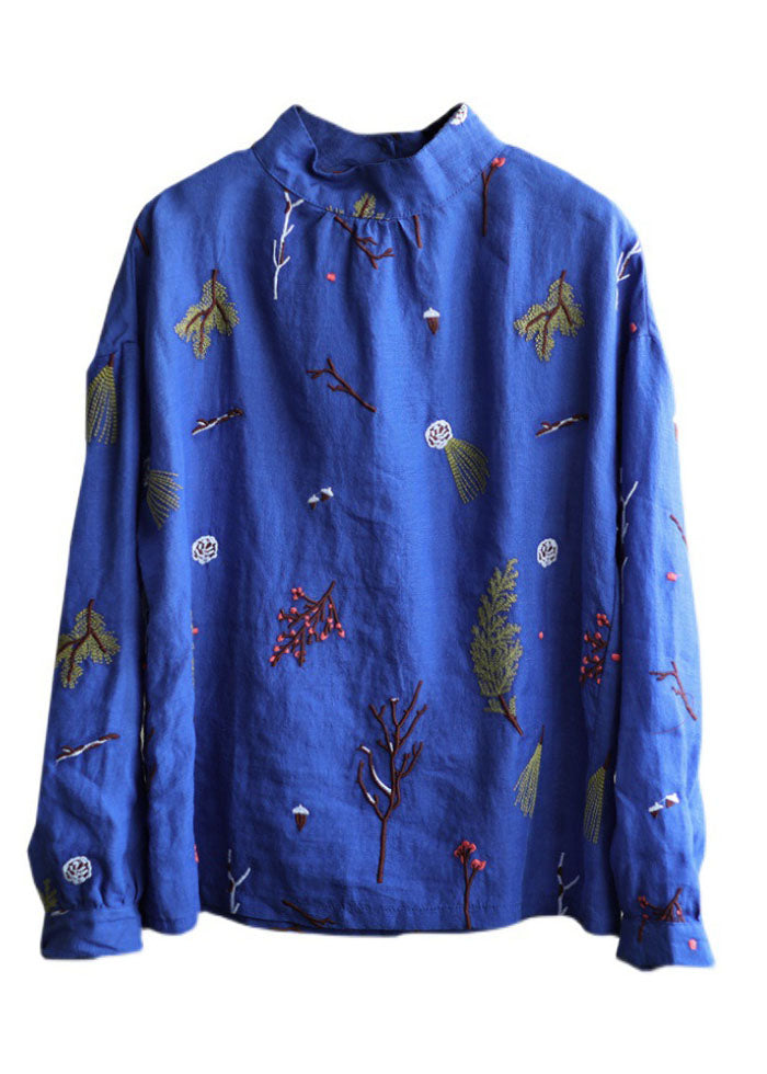 Stylish Gray Flower Embroidered Retro Linen Blouse Tops Spring