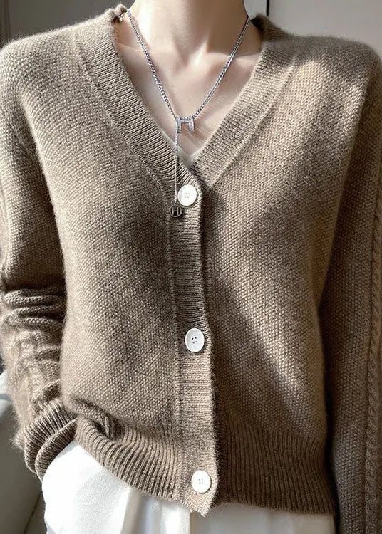 Camel V Neck Patchwork Wool Cardigans Coat Spring