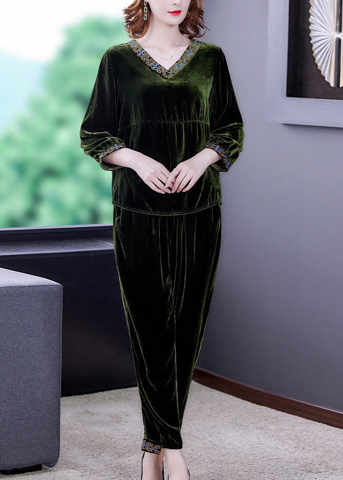 Simple Green Patchwork Silk Velour Pullover and Harem Pants Two Piece Set Fall