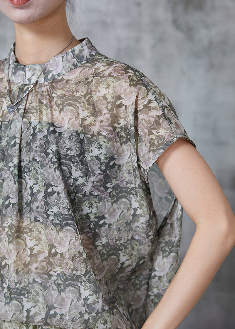 Stand Collar Print Chiffon Sets 2 Pieces Summer