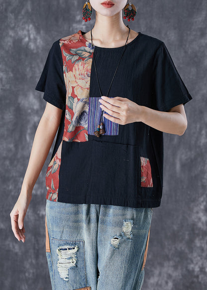 Black Oversized Patchwork Applique Cotton Tanks Summer