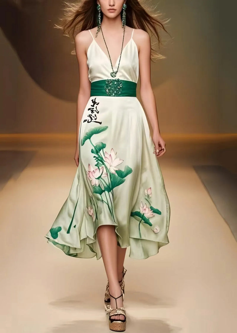 Green Cinched Lotus Leaf Print Silk Mini Dress Sleeveless