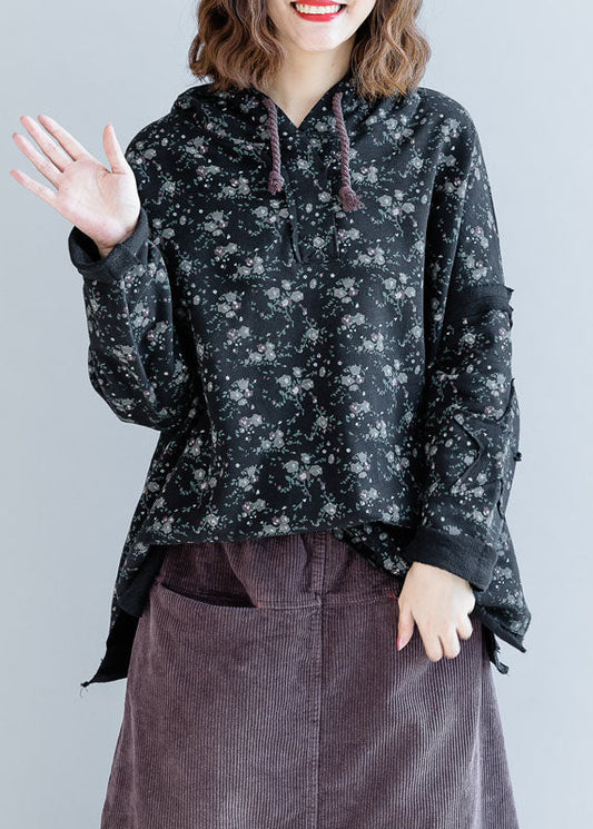 Black Hooded Side Open Cotton Pullover Street Wear Spring