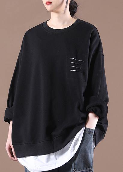 Black Patchwork Pullover Tops