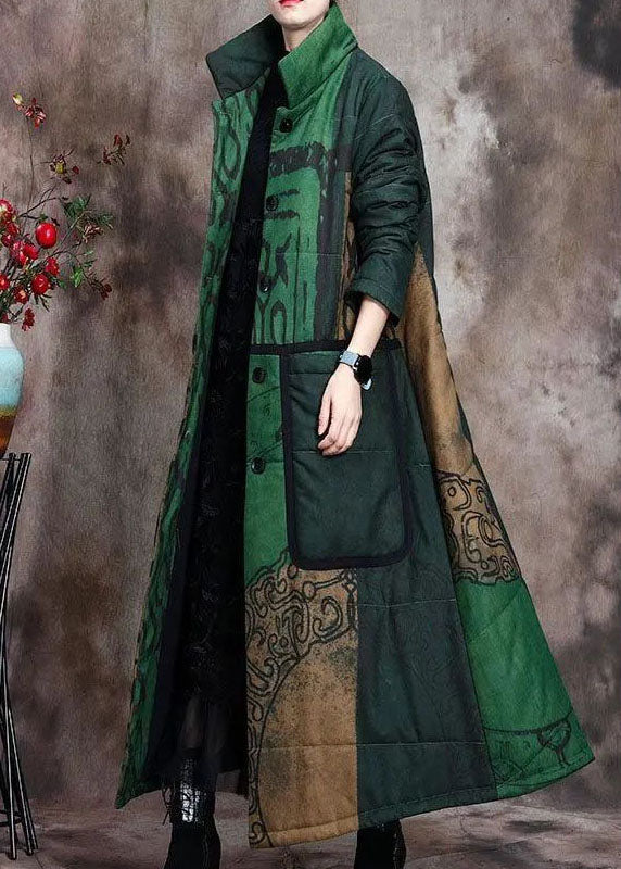 Boutique Green Print Pockets Thick Cotton Winter Long Sleeve Coat