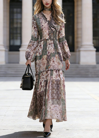 Green Ruffled Patchwork Chiffon Vacation Maxi Dresses Spring