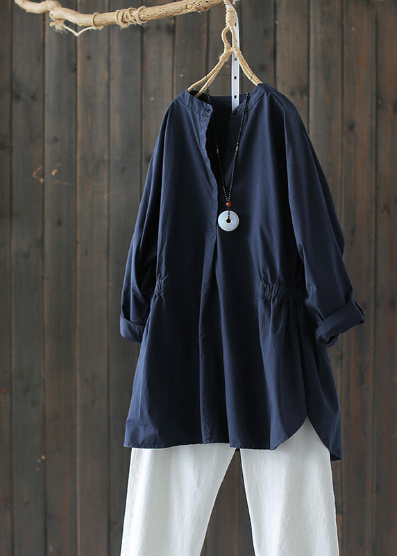 Sky Blue Stand Collar Cinched Shirt Tops Long Sleeve