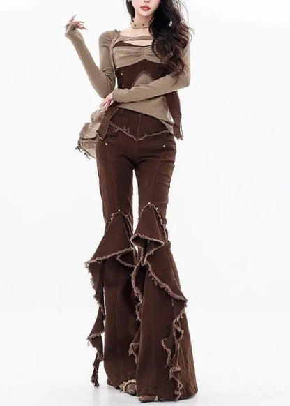 Unique Brown Tassel Ruffled Patchwork Denim Pants Fall