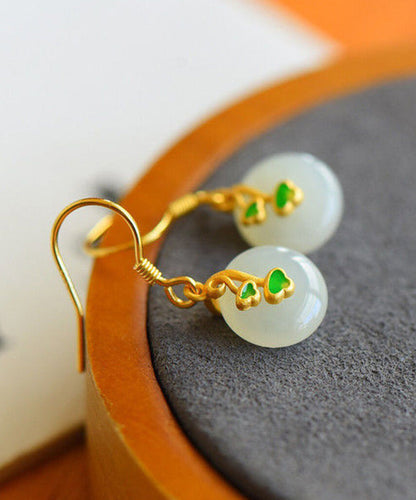 Gold Colour Inlaid Hetian Jade Drop Earrings