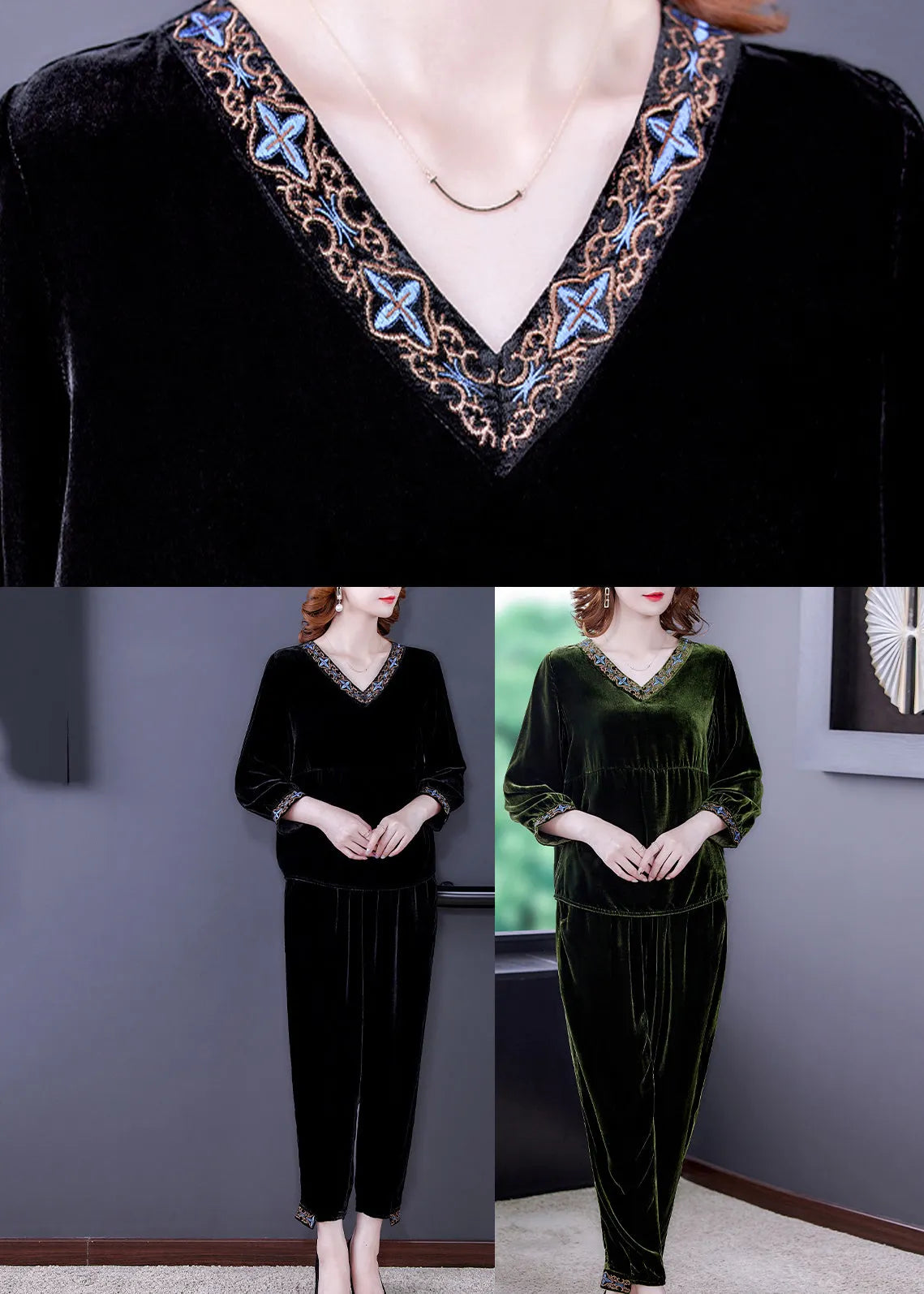 Simple Green Patchwork Silk Velour Pullover and Harem Pants Two Piece Set Fall