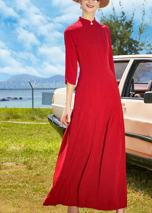 Red Stand Collar Wrinkled Chiffon Long Dresses Bracelet Sleeve