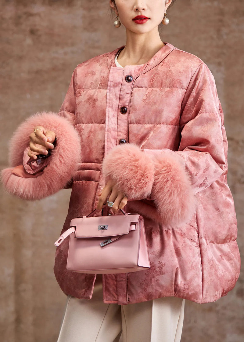 Pink Jacquard Patchwork Fox Hair Duck Down Silk Puffer Coat Winter