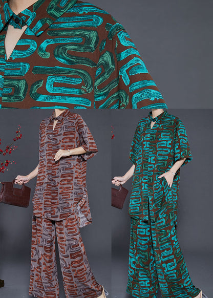 Brown Print Chiffon Two Piece Set Clothing Notched Summer
