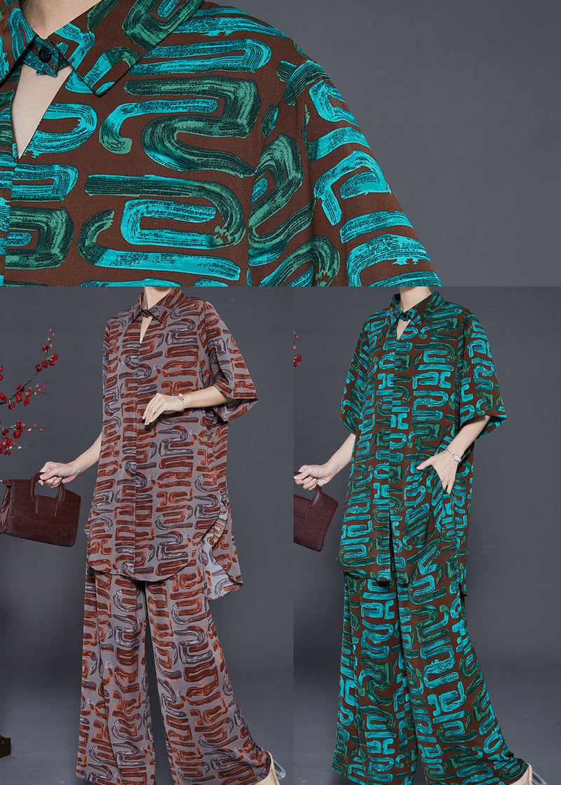 Brown Print Chiffon Two Piece Set Clothing Notched Summer