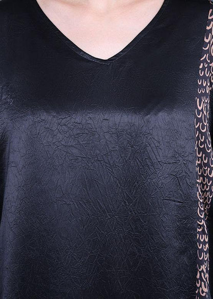 Black Print Patchwork Silk Asymmetrical Design Summer Party Dress