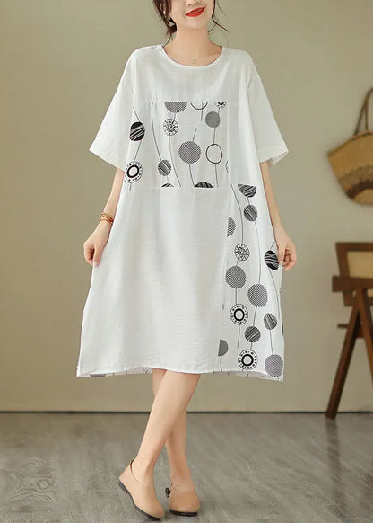 Loose Black O-neck Print Holiday Long Dress Short Sleeve