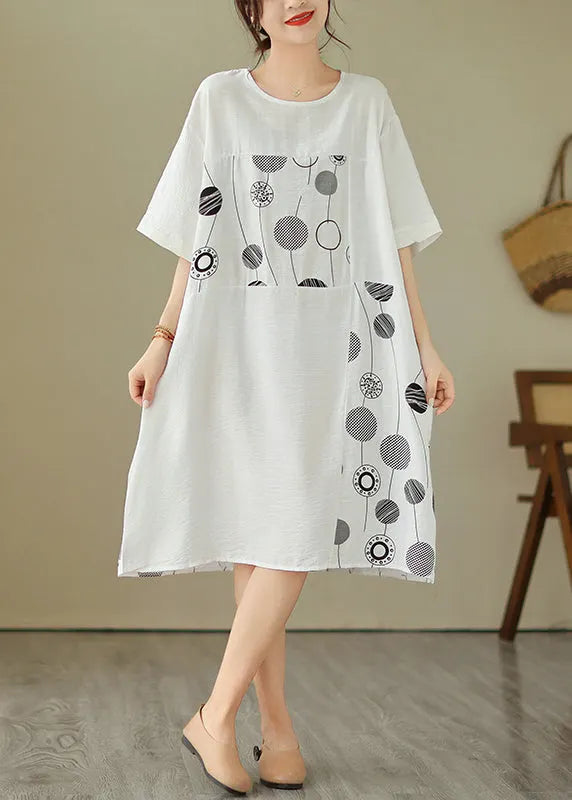 Loose Black O-neck Print Holiday Long Dress Short Sleeve