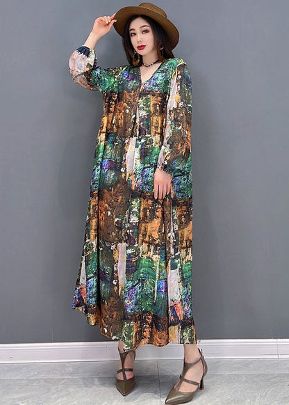 Colorblock V Neck Print Tie Waist Chiffon Holiday Dress Long Sleeve