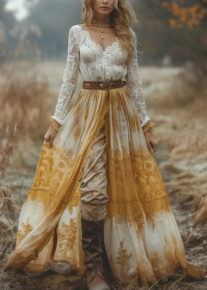 V Neck Patchwork Pastoral Style Lace Long Dresses