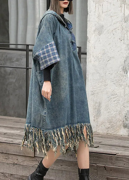 Blue Hooded Patchwork Tasseled Denim Dress Batwing Sleeve