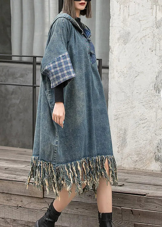 Blue Hooded Patchwork Tasseled Denim Dress Batwing Sleeve