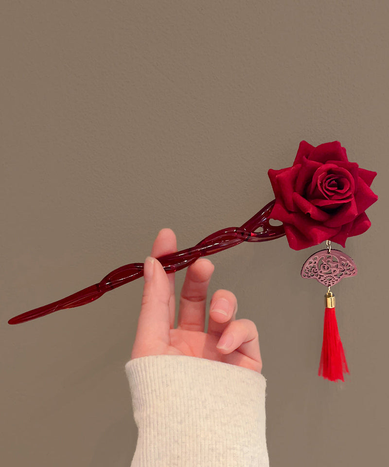 Red Rose Coloured Glaze Tassel Hairpin