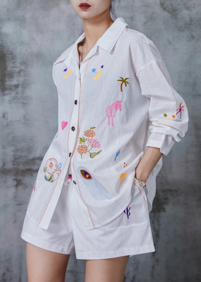 White Embroidered Linen Two-piece Set Summer