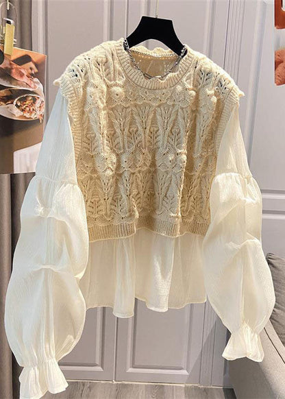 Apricot O-neck Lace Patchwork Hollow Out Shirts Long Sleeve