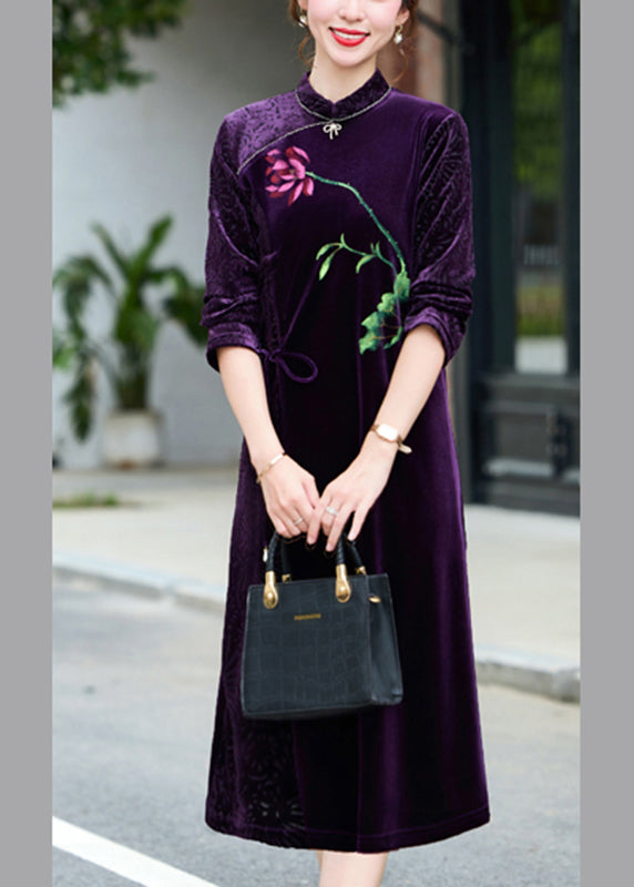 Black Print Tie Waist Silk Velour Vacation Long Dresses Long Sleeve