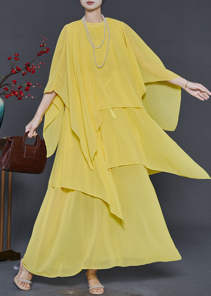 Yellow Chiffon Long Dresses Asymmetrical Design Summer