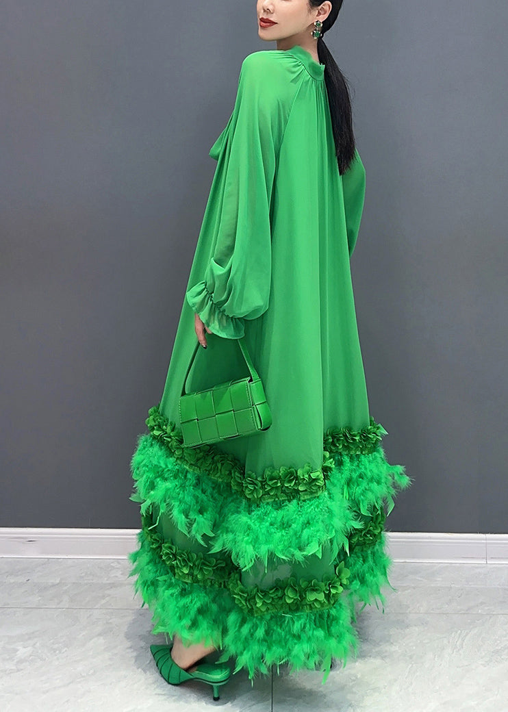 Stylish Green Feather Lace Up Patchwork Chiffon Maxi Dress Long Sleeve Spring
