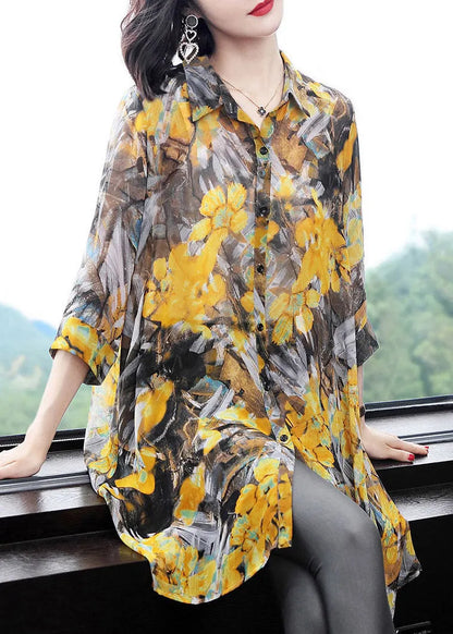 Yellow Peter Pan Collar Print Button Chiffon Dress Bracelet Sleeve