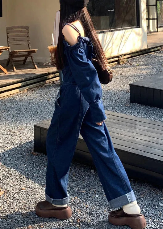 French Denim Blue Cold Shoulder Button Pockets Spaghetti Strap Jumpsuits Sleeveless