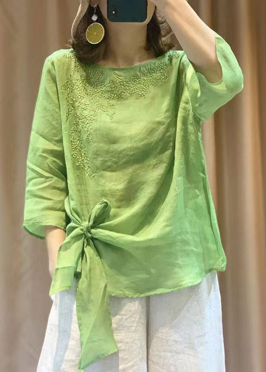 Novelty Purple O-neck Embroideried Tie Waist Linen Top Long Sleeve