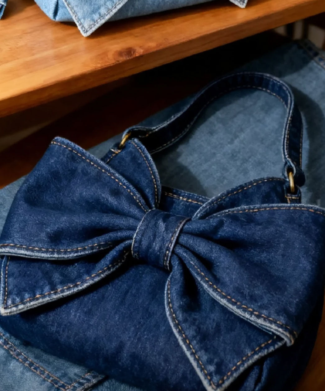 Navy Bow Durable Denim Shoulder Bags