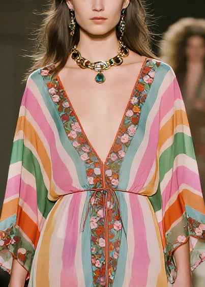 Stylish Rainbow Asymmetrical Striped Chiffon Day Dress Summer