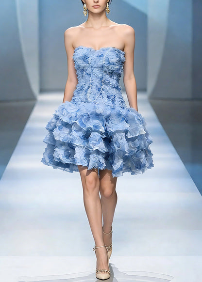 Classy Blue Cold Shoulder Tulle Mid Dress Summer