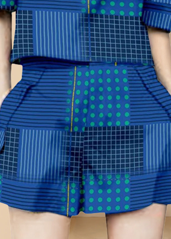 Original Design Blue O-neck Print Cotton Two Piece Set Clothing Summer