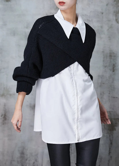 French Black Asymmetrical Design Knit Two Piece Set Clothing Spring