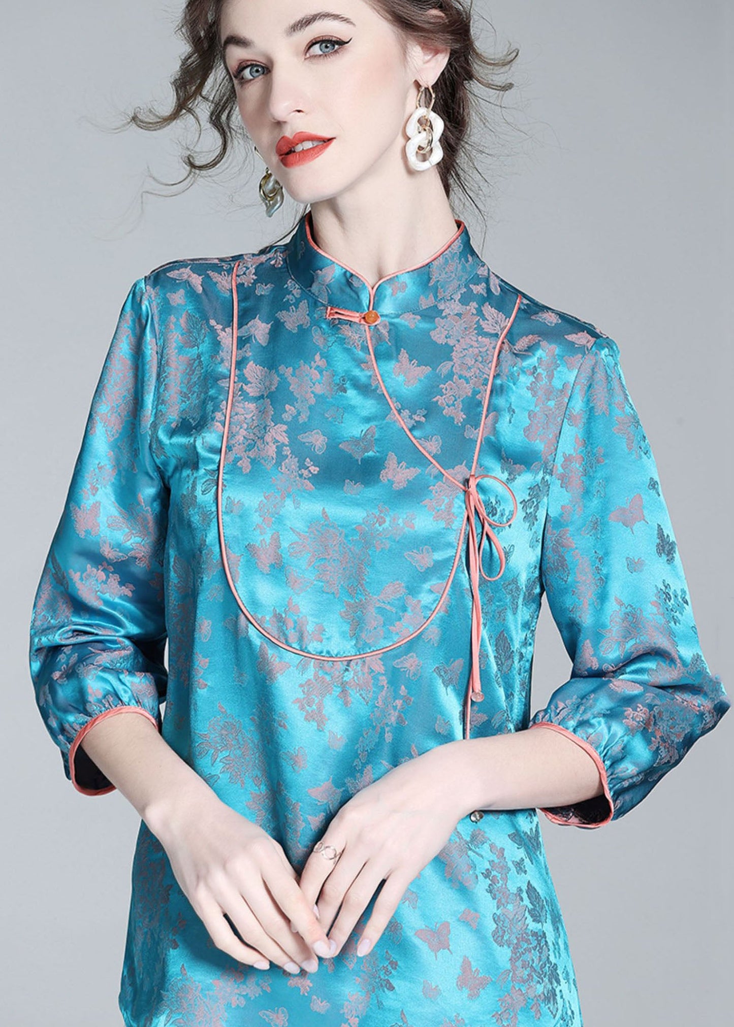 Blue Stand Collar Patchwork Jacquard Silk Blouse Tops Spring