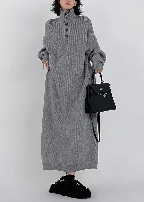 Grey Hign Neck Button Long Knit Sweaters Dress Winter