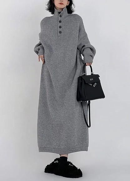 Grey Hign Neck Button Long Knit Sweaters Dress Winter