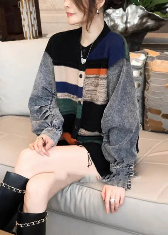 Colorblock Denim Patchwork Knitted Sweater Coat Autumn and Winter